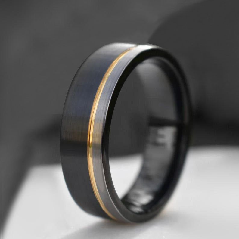 The Record Producer - Men's Black Tungsten & Gold Wedding Band