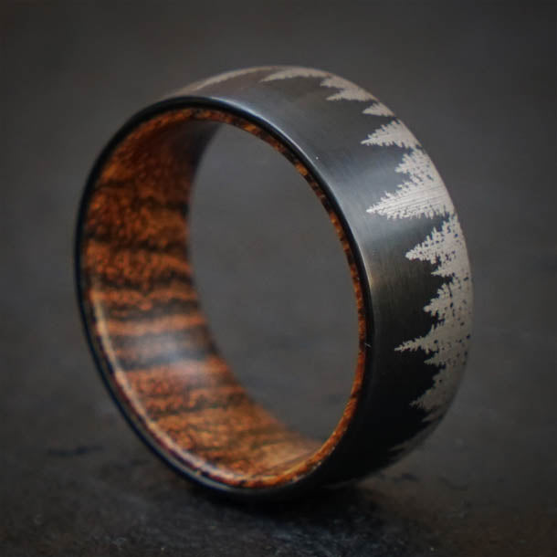 The Laser Forest | Black Tungsten Ring & Olive Wood Ring | Saga Bands 12.5