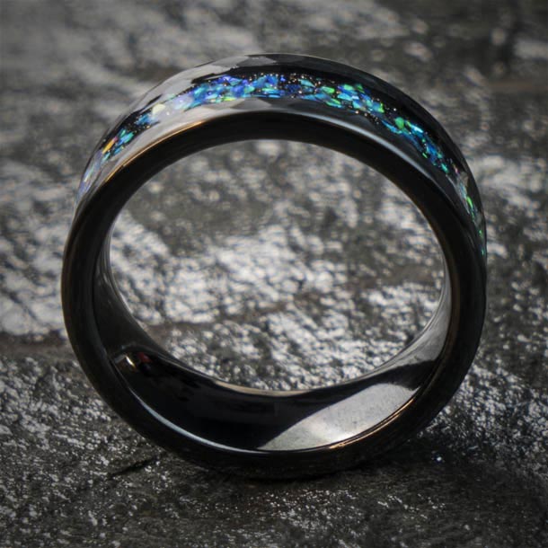 Black and Water Blue Marble Opal Inlay Ring Hammered Tungsten Wedding Ring Men's, Tungsten deals 6 and 8MM Ring, Band Ring